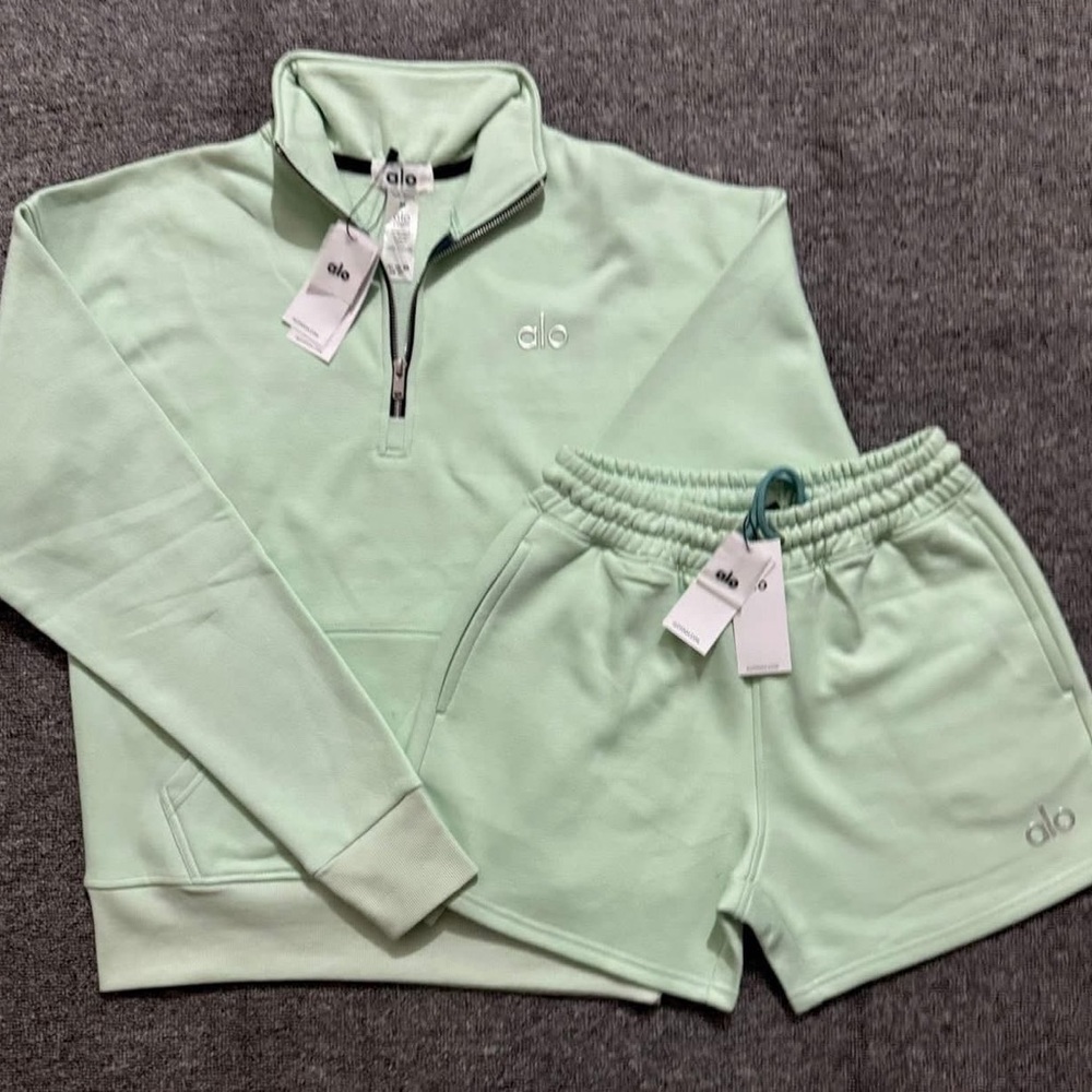 ALO Yoga Mint Green Pullover Quarter-Zip & Shorts Set